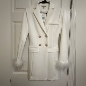 Brand new unworn white blazer dress! Feather cuffs